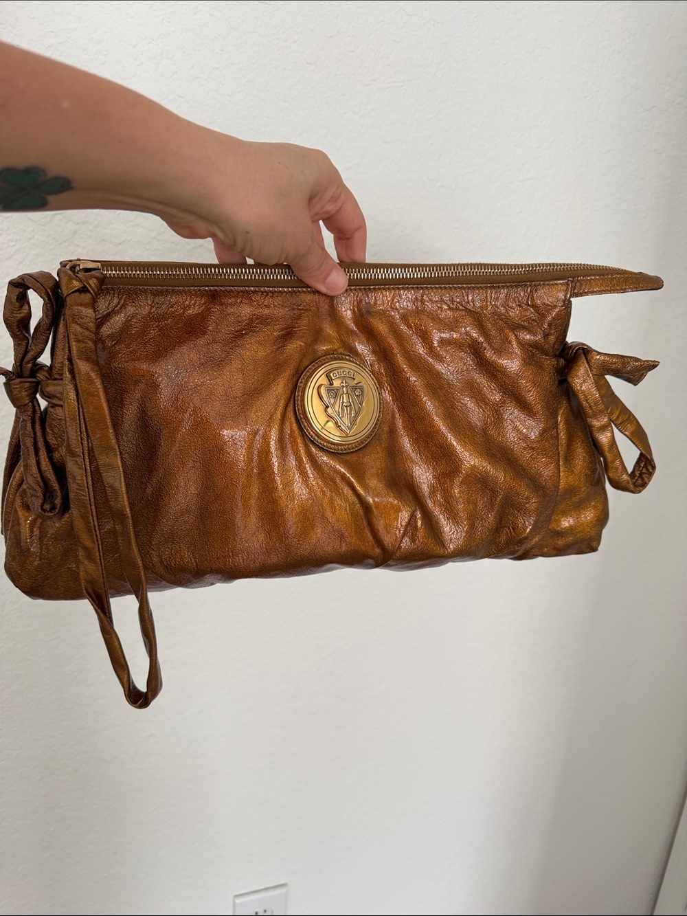 Gucci Metallic Bronze-Brown Leather Clutch with Medallion